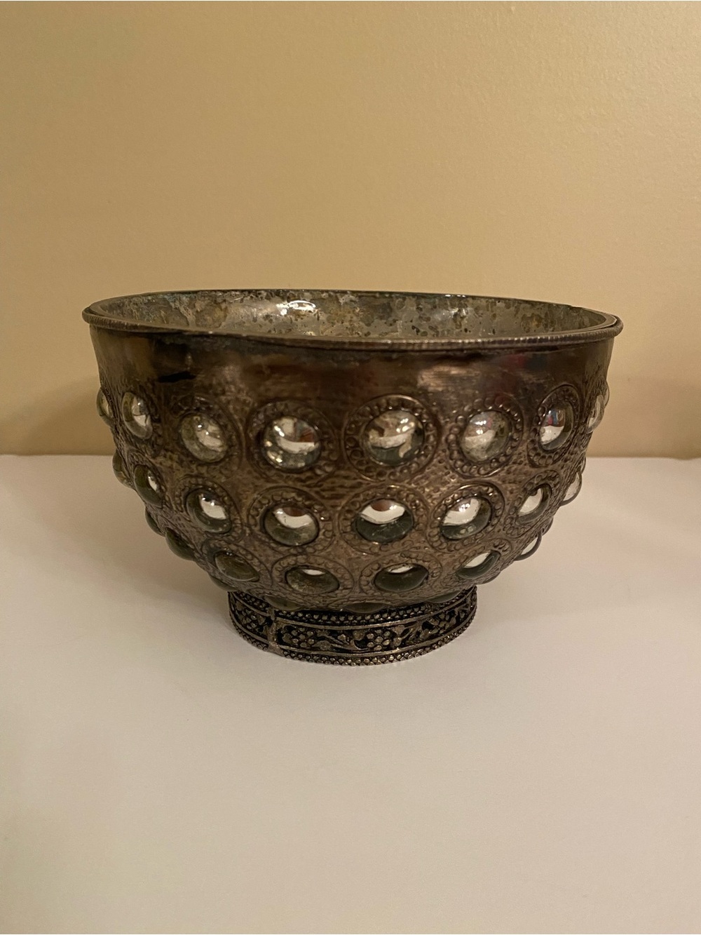 Decorative Metal Bowl with Glass Inserts Aged Patina Finish